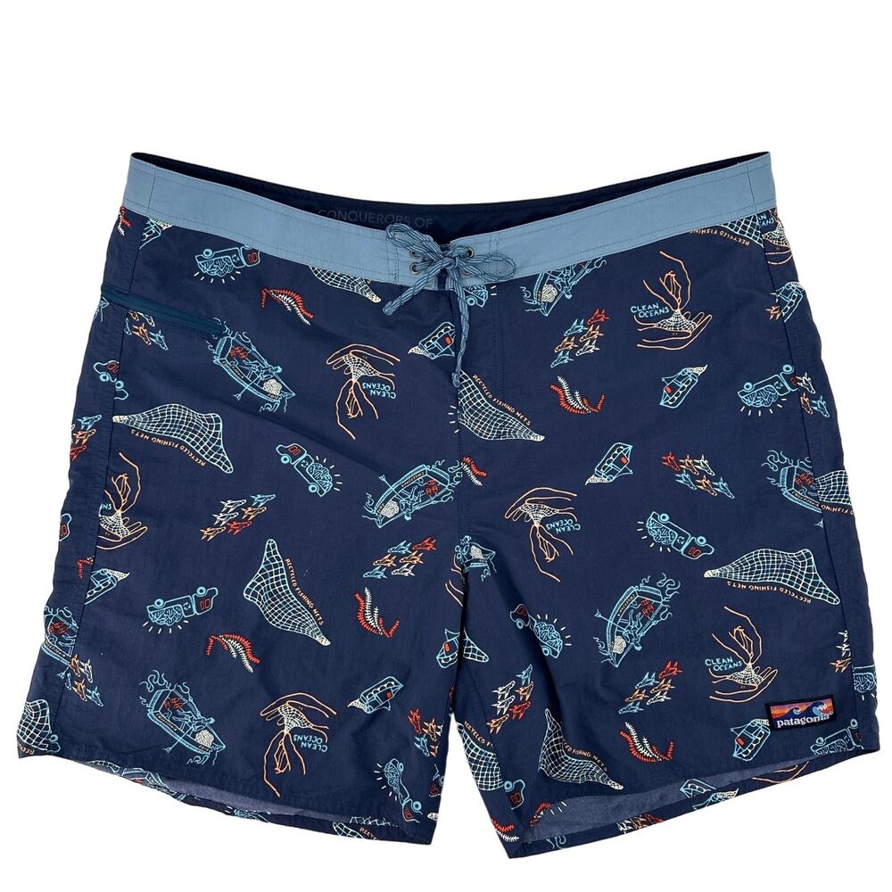 Patagonia Wavefarer Board Shorts Mens Size 40 Clean Currents Print Tidepool 19"